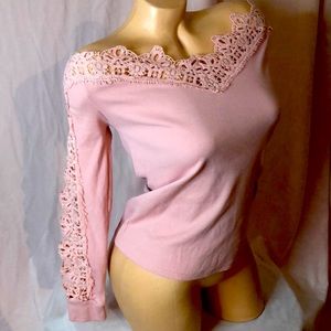 Pink off the shoulder lace ribbed long sleeve cutout sexy feminine top blouse